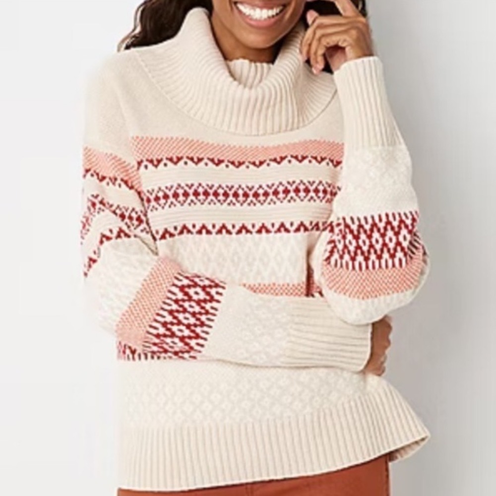 Frye and Co | Women's Cream Red‎ Pink Fair Isle Cozy Knit Turtleneck Sweater, XL